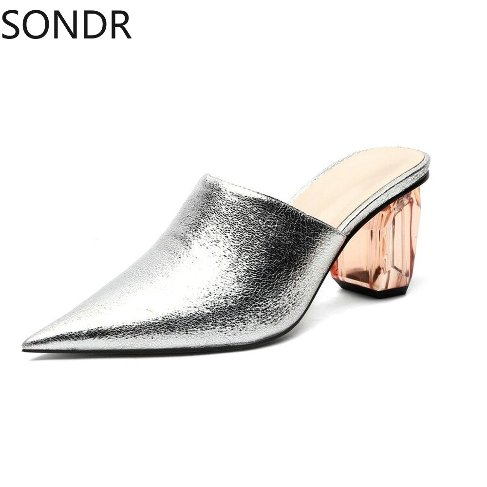 Pointed Toe Leather Clear Stitching Snake Pattern Mules Crystal Heel Slippers Slides Shoes