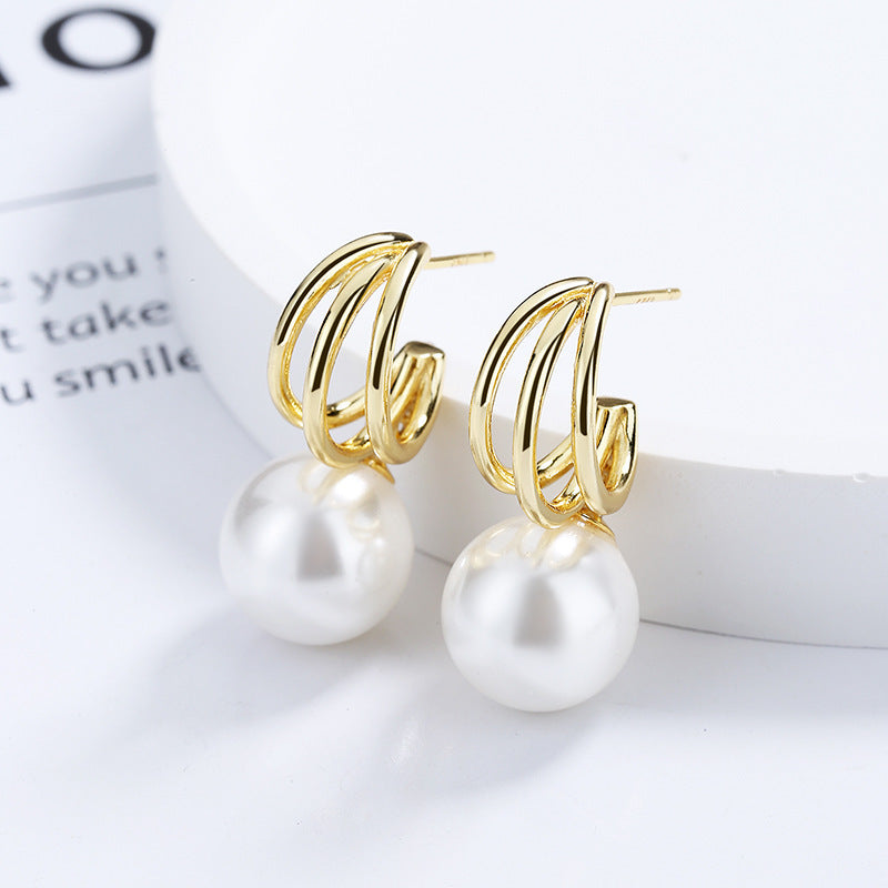Women's S925 Sterling Silver Multi-layer Line Pearl Stud Earrings