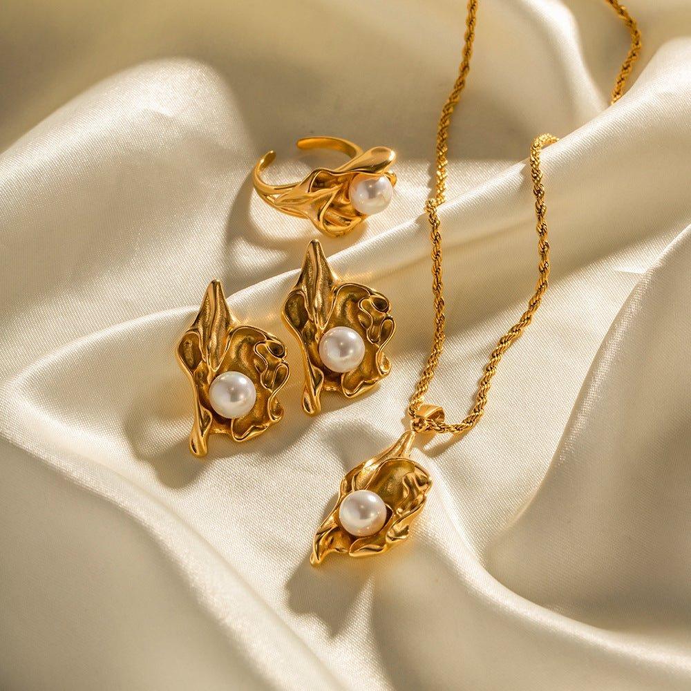 18K Gold Plated Stainless Steel Pleated Lava Pearl Flower Earrings - MODE BY OH