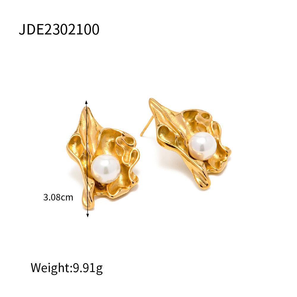 18K Gold Plated Stainless Steel Pleated Lava Pearl Flower Earrings - MODE BY OH