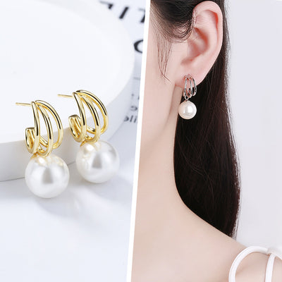 Women's S925 Sterling Silver Multi-layer Line Pearl Stud Earrings
