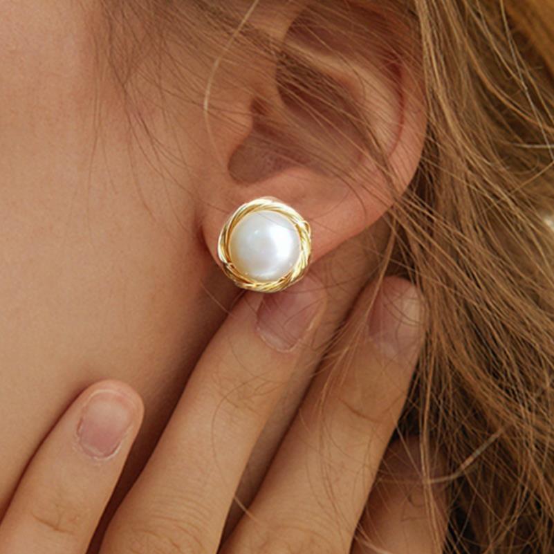 Pearl 14K Real Gold Plated Pearl Stud Earrings 925 Silver