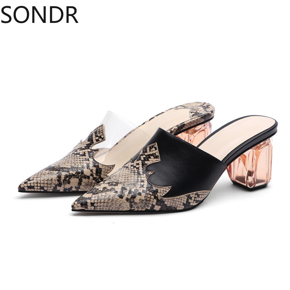Pointed Toe Leather Clear Stitching Snake Pattern Mules Crystal Heel Slippers Slides Shoes