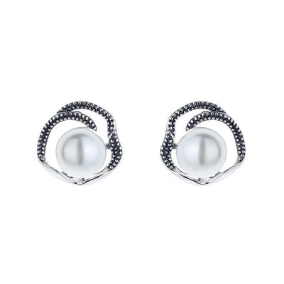 S925 Sterling Silver Vintage Distressed Pearl Stud Earrings