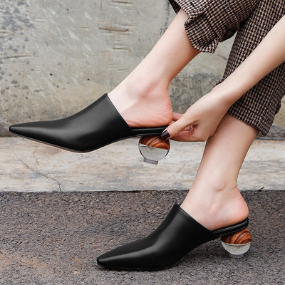 Women Slippers Real Cow Leather Shoes Pointed Toe Mules Strange Heels Sheepskin Summer Shoes