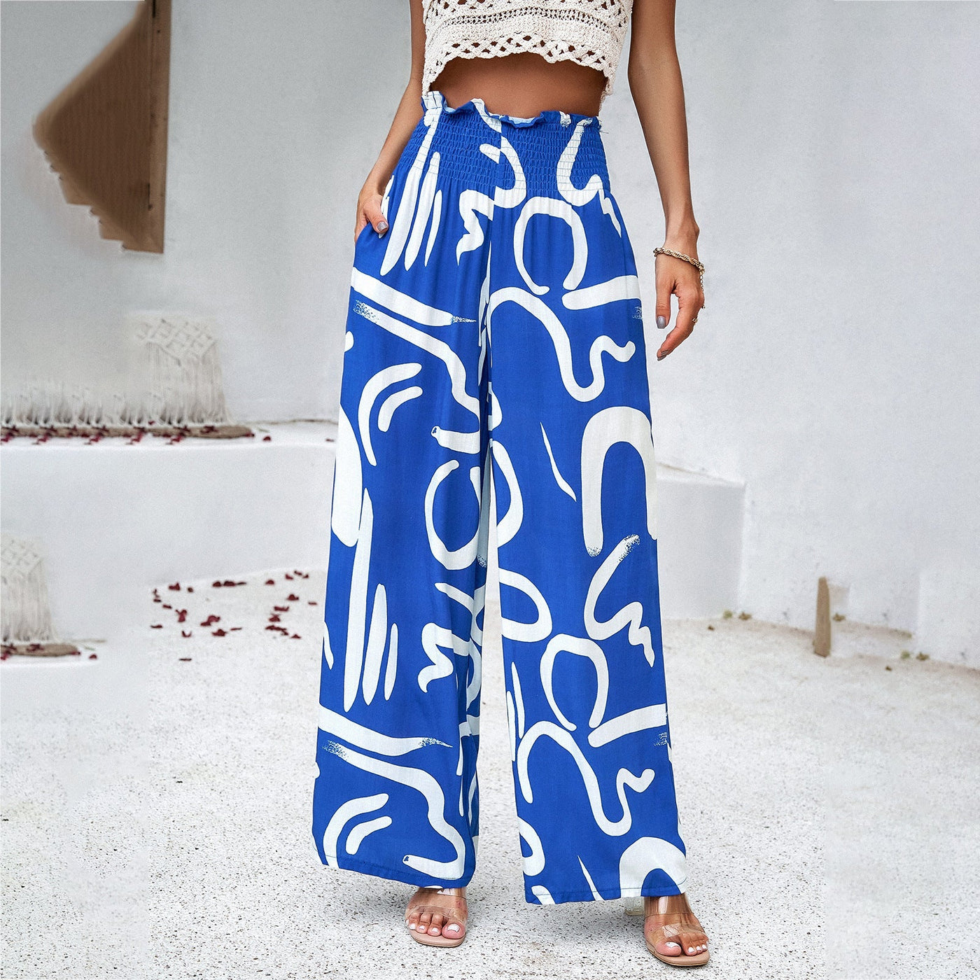 Elegant Printed Trousers Summer Loose Elastic High Waist Straight Pants For Beach Vacation Womens Clothing | MODE BY OH
