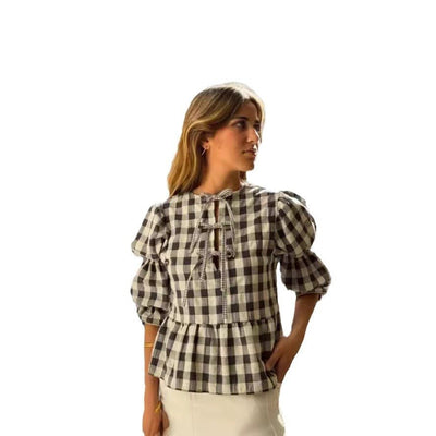 Women's Fashion Casual Plaid Hollow Out Tied Puff Sleeve Shirt | MODE BY OH