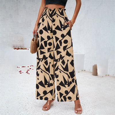 Elegant Printed Trousers Summer Loose Elastic High Waist Straight Pants For Beach Vacation Womens Clothing | MODE BY OH