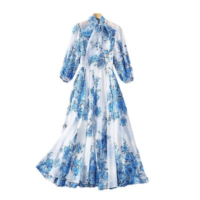 Silk Scarf Collar Blue And White Porcelain Printed Chiffon Fashion Dress | MODE BY OH