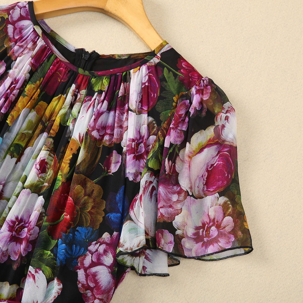 Belt Large Hem Front Pleated Silk Chiffon Printed Chrysanthemum Dress | MODE BY OH