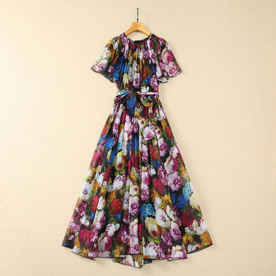 Belt Large Hem Front Pleated Silk Chiffon Printed Chrysanthemum Dress | MODE BY OH