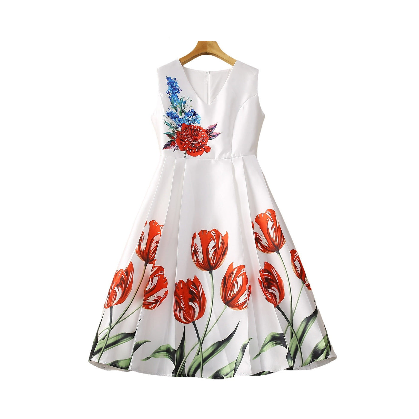 Small V-neck Handmade Beaded Pleated Large Swing Sleeveless Dress | MODE BY OH