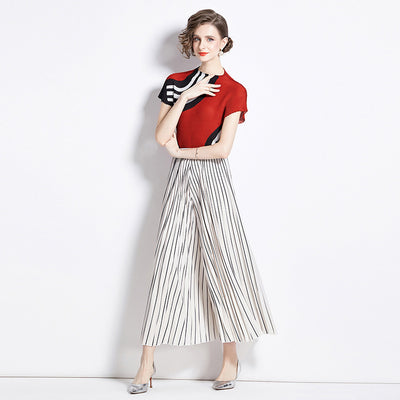 All-match Wide Leg Pants Pleated Two-piece Set