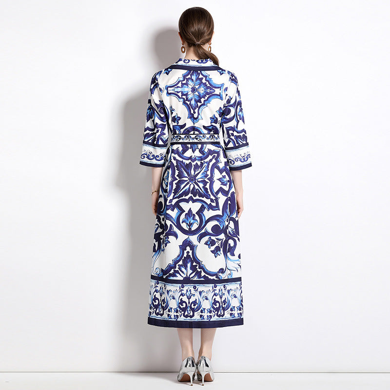 Fashion Blue And White Midi Dress