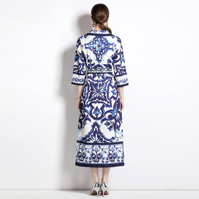 Fashion Blue And White Midi Dress