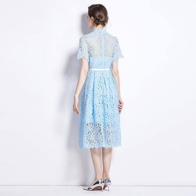 Blue Water Soluble Lace Uneven Collar Dress