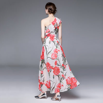 One-shoulder Ruffled Printed Long Elegant Dress