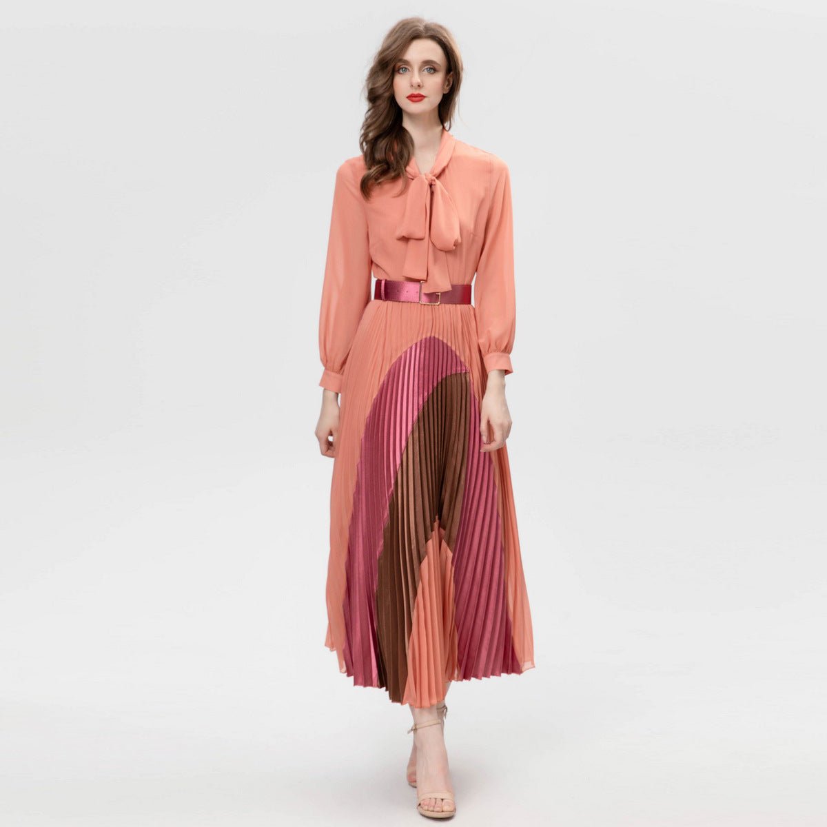 Long Sleeve Belt Crepe De Chine Stitching Acetate Dress | MODE BY OH