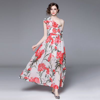 One-shoulder Ruffled Printed Long Elegant Dress