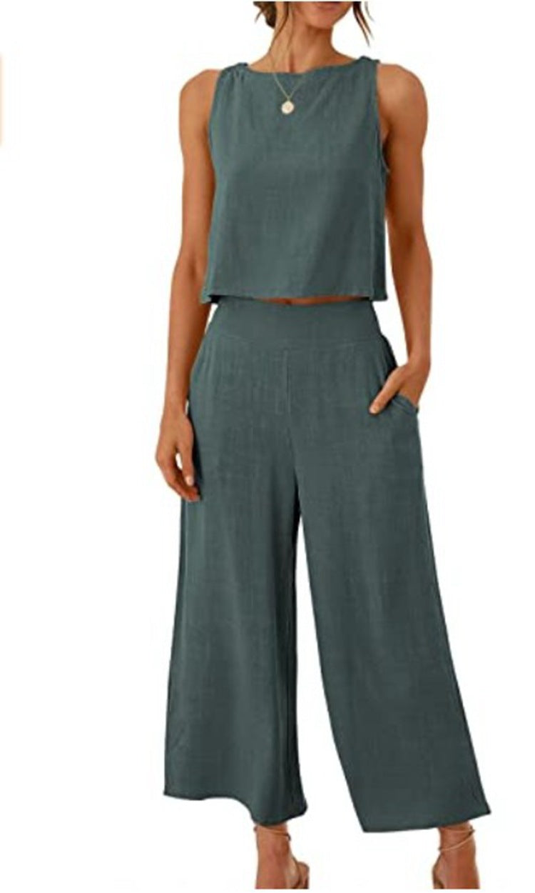 Cropped Wide-leg Pants With Cropped Navel Button Top Set