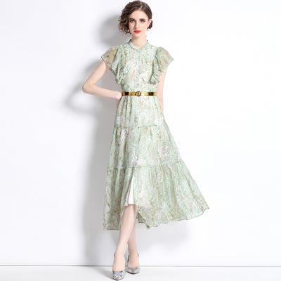 Single-breasted Lace Up Waist-controlled Large Hem Printing Mid-length Dress