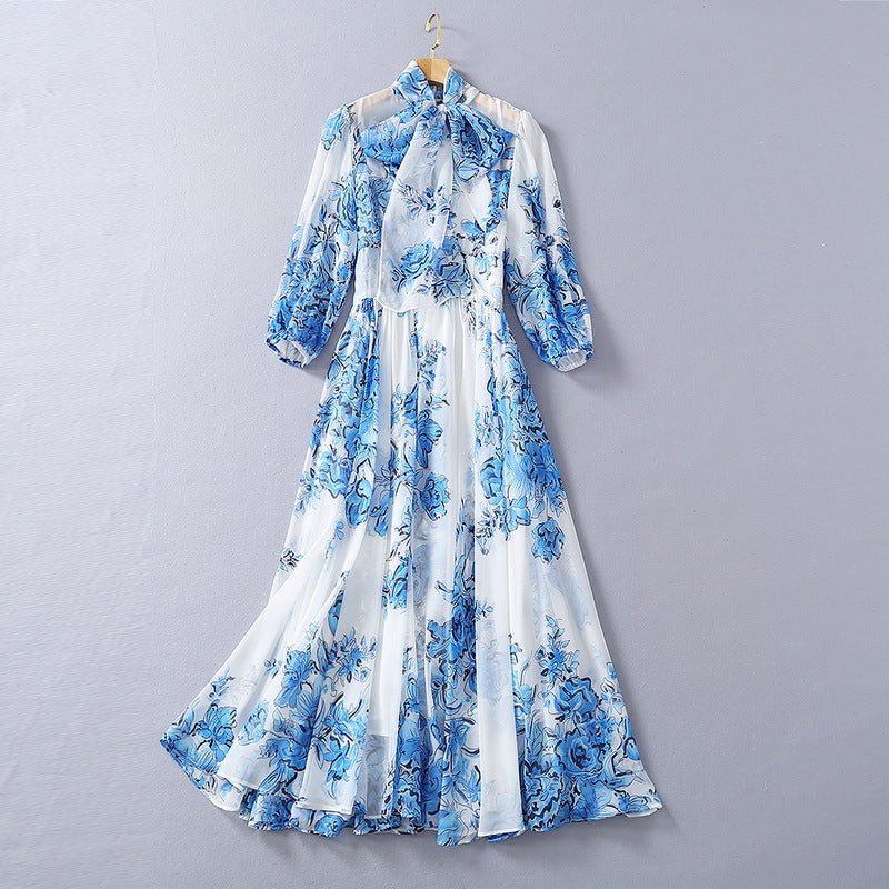 Silk Scarf Collar Blue And White Porcelain Printed Chiffon Fashion Dress | MODE BY OH