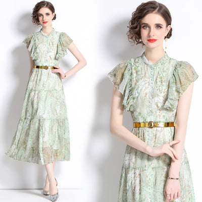 Single-breasted Lace Up Waist-controlled Large Hem Printing Mid-length Dress