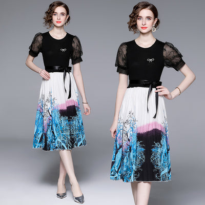 Knitted Stitching Printing Fake Two-piece Waist Slimming Dress
