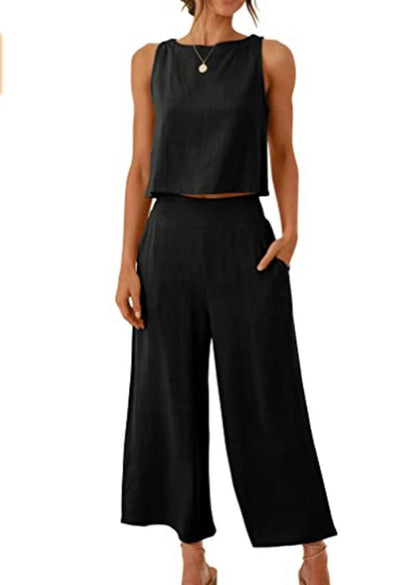 Cropped Wide-leg Pants With Cropped Navel Button Top Set