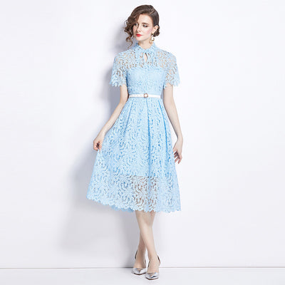 Blue Water Soluble Lace Uneven Collar Dress