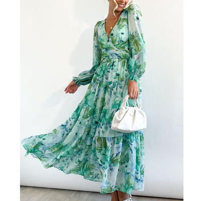 Deep V Print High Waist Long Sleeves Dress Women | MODE BY OH
