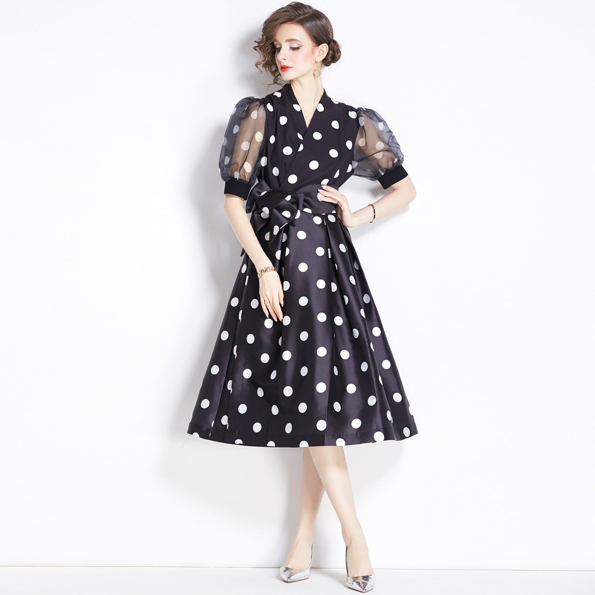 French Fitted Waist Polka Dots Dress