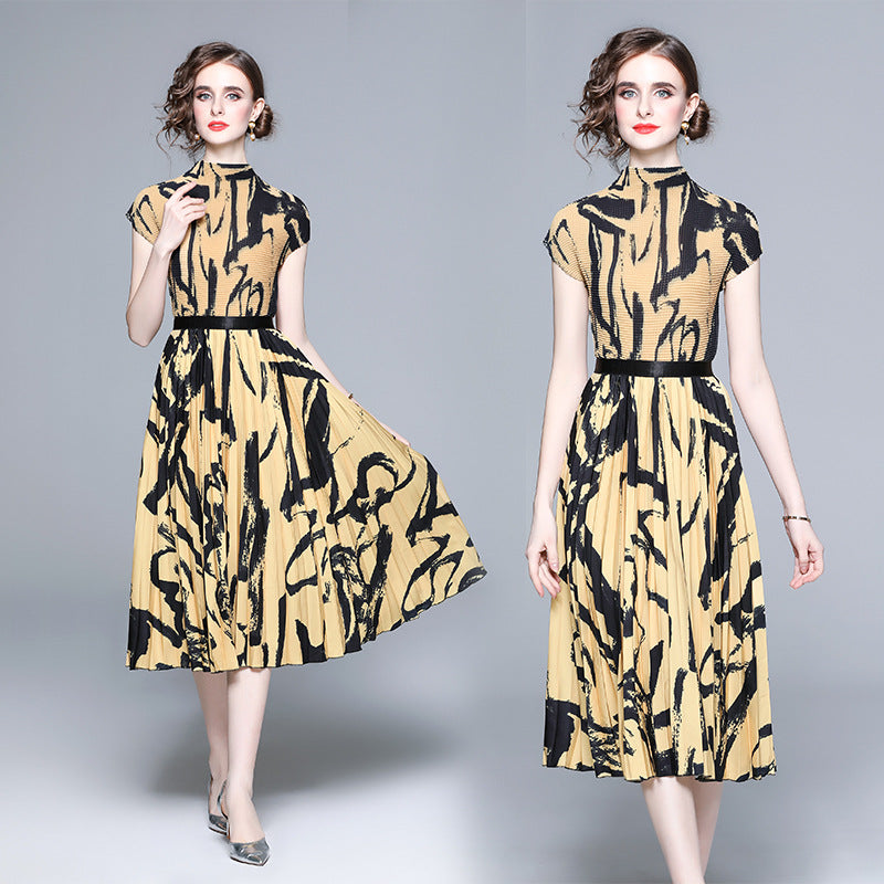 Printed Stand-up Collar Slim Fit Pleated Fashion Two-piece Set