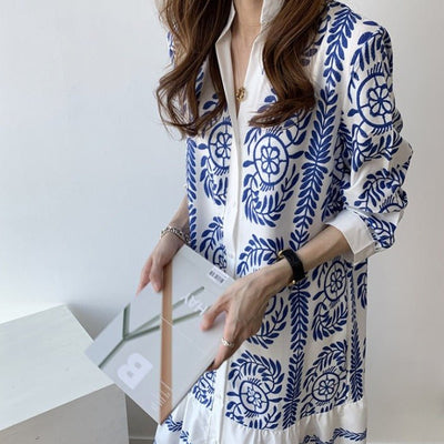 Women's Blue And White Porcelain Printed Shirt Long Dress | MODE BY OH