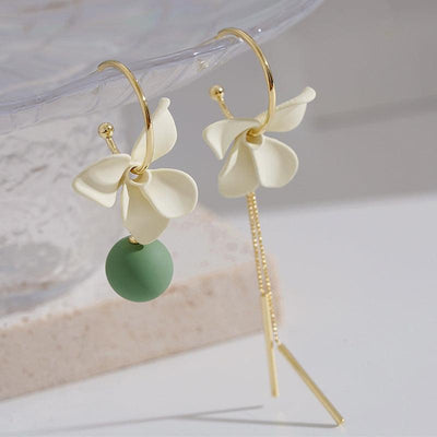 Asymmetric Flower Ball Tassel Earrings - MODE BY OH