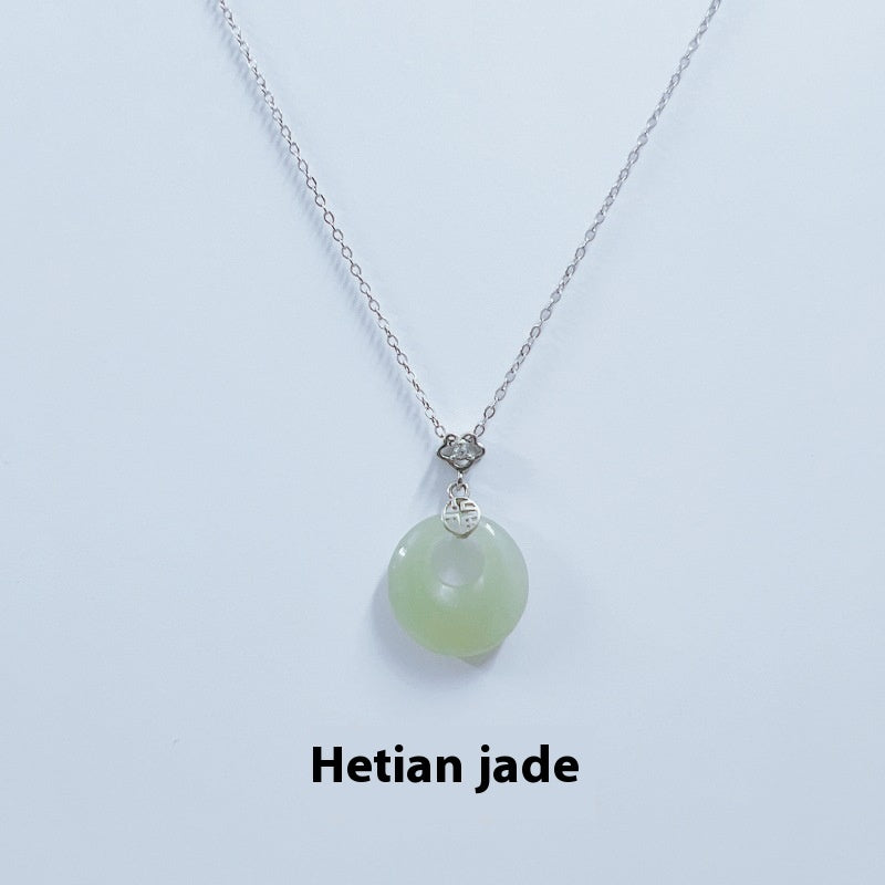 S925 Sterling Silver Fu Character Hetian Jade Peace Buckle Necklace