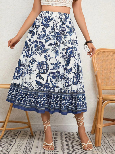 Bohemian Blue And White Porcelain Printed A- Line Skirt | MODE BY OH