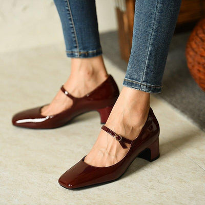 Burgundy bright leather strap square toe shoes - MODE BY OH