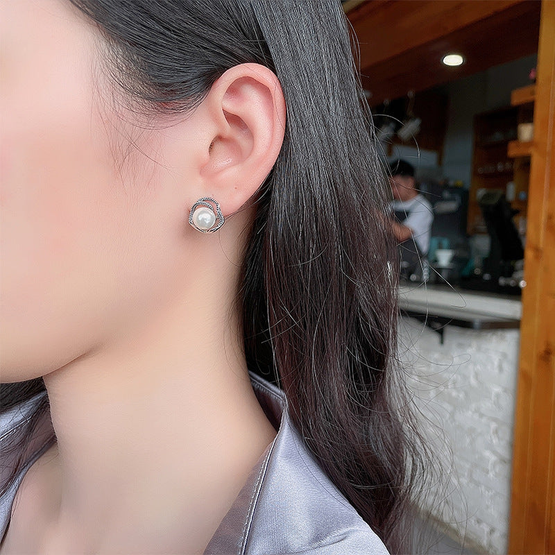 S925 Sterling Silver Vintage Distressed Pearl Stud Earrings