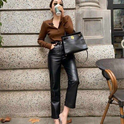 Chic brown Top and Slim Fit black Faux Leather Pants Two Pieces set - MODE BY OH
