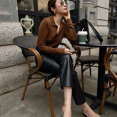 Chic brown Top and Slim Fit black Faux Leather Pants Two Pieces set - MODE BY OH