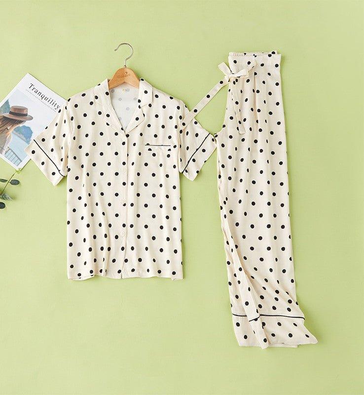 Couple's Cotton Satin Yellow Bottom Polka Dot Lapel Pajama Set | MODE BY OH