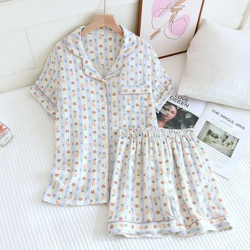 Crepe Cotton Lapel Short Sleeve Shorts Pajamas | MODE BY OH