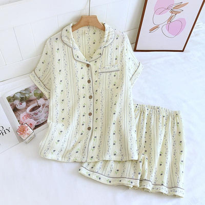 Crepe Cotton Lapel Short Sleeve Shorts Pajamas | MODE BY OH