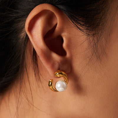 18K Gold Stainless Steel Earrings Geometric Pearl Stud Earrings