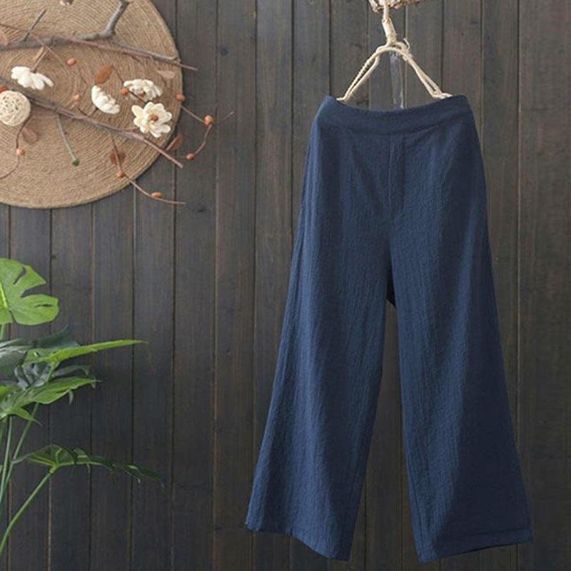 Elastic Waist Cotton And Linen Cropped Wide-leg Pants - MODE BY OH