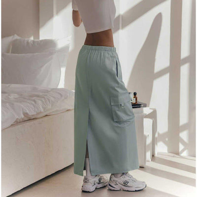 Women's Fashion Drawstring Elastic Waist Double Pocket Cotton High Waist Skirt - MODE BY OH