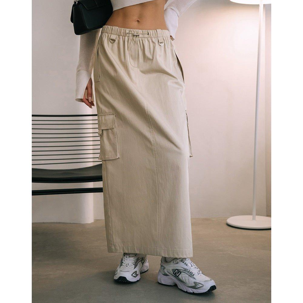 Women's Fashion Drawstring Elastic Waist Double Pocket Cotton High Waist Skirt - MODE BY OH