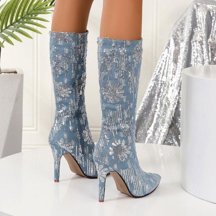 Female Fashionable Sequins Flower Denim Pointed-toe Stiletto Boots | MODE BY OH