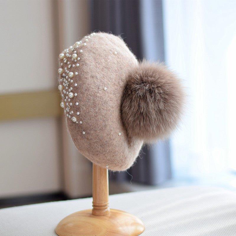 Fox Fur Ball Beret Female Woolen Pearl | MODE BY OH